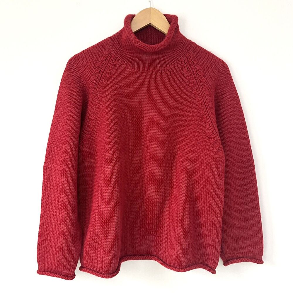 VTG J. Crew Roll Neck Mens Fisherman Sweater Red Oversized S Chunky Knit Wool